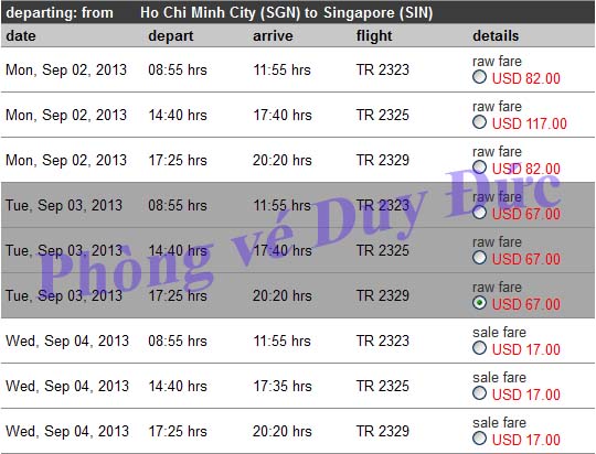 Tiger Airways tung vé đi Singapore 2/9 chỉ 17 USD