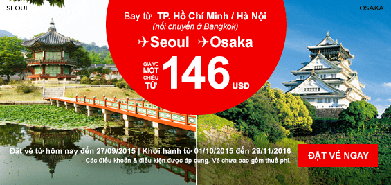 Air Asia khuyến mãi vé Seoul hoặc Osaka 146 USD