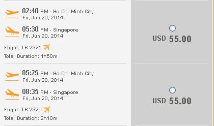 Đặt mua vé đi Singapore của Tiger Air 55 USD