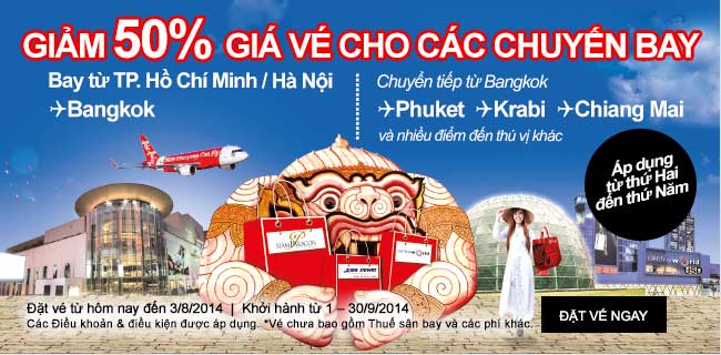 Mua vé đi Bangkok giảm 50% hãng Air Asia