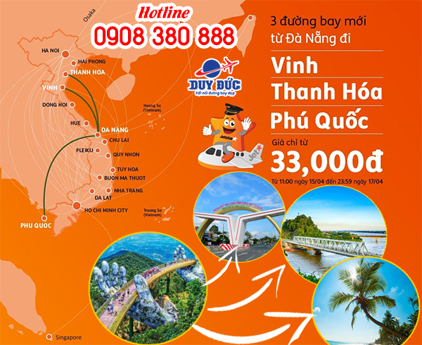 Jetstar mở 3 đường bay mới Đà Nẵng đi Vinh Thanh Hóa, Phú Quốc